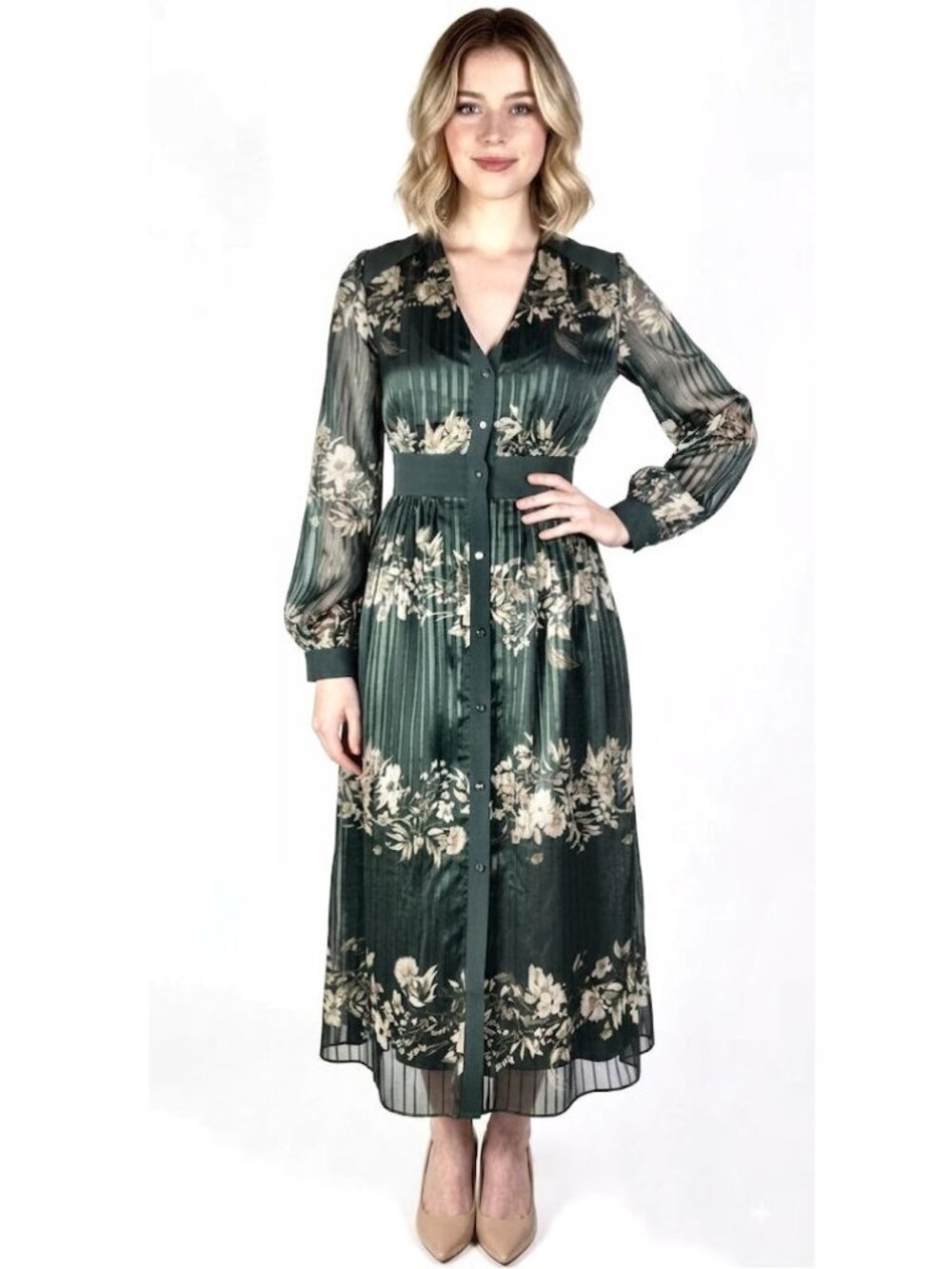 Ted Baker Delyla Meadow-Print Midi Dress, Green & Tan, Womens Size 0 TB / 2 US